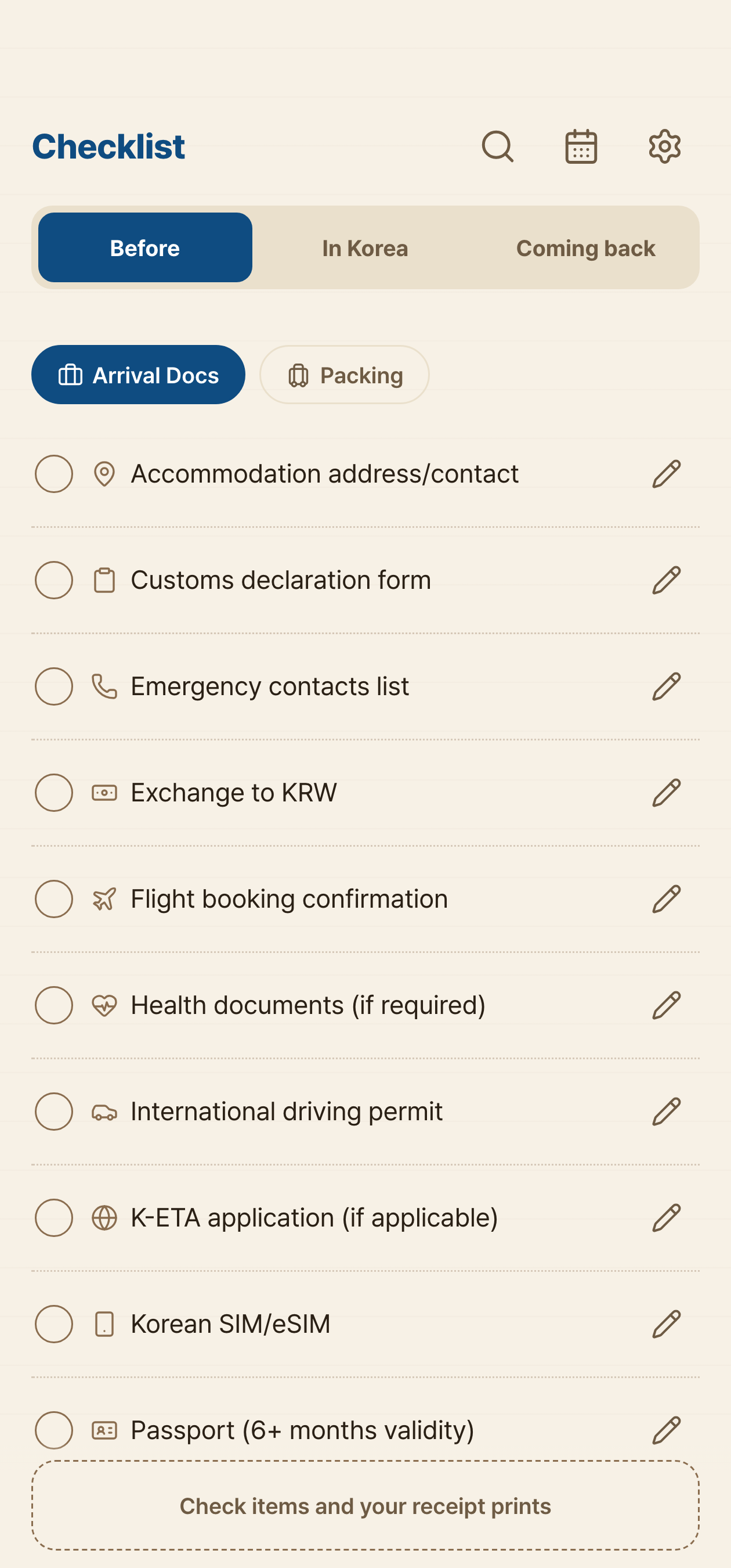 Korea Receipt checklist screen